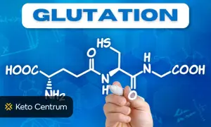 Struktura chemiczna glutationu, kluczowego antyoksydantu, rysowana ręką na niebieskim tle z logo Keto Centrum.