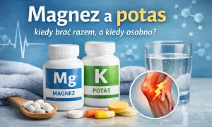 Magnez i potas w tabletkach, obok szklanki wody i grafiki bolącego kolana. Dowiedz się, kiedy warto je brać razem.
