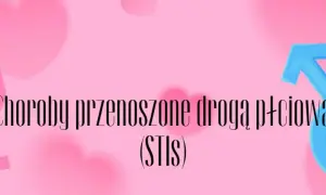 Różowe serca i symbole płci. Napis: "Choroby przenoszone drogą płciową (STIs)". Ważne, by dbać o zdrowie i unikać chorób wenerycznych.