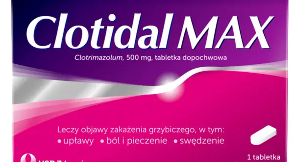 Opakowanie Clotidal MAX z jedną tabletka dopochwową, leczy objawy zakażenia grzybiczego: upławy, ból i pieczenie, swędzenie.