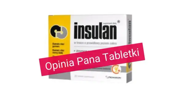 Opakowanie suplementu diety Insulan, wspierającego prawidłowy poziom cukru. Na pierwszym planie różowa wstęga z napisem "Opinia Pana Tabletki".