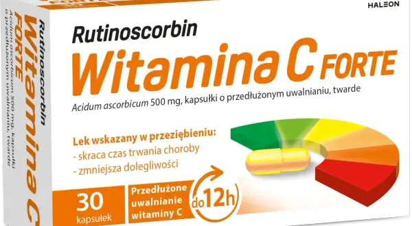 Opakowanie Rutinoscorbin Witamina C Forte, 30 kapsułek o przedłużonym uwalnianiu, wsparcie w przeziębieniu.