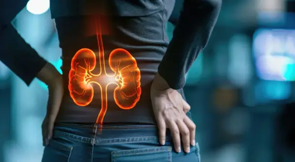 Ból w dolnej części pleców może sygnalizować urosepsę. Widoczne podświetlone nerki i moczowody.
