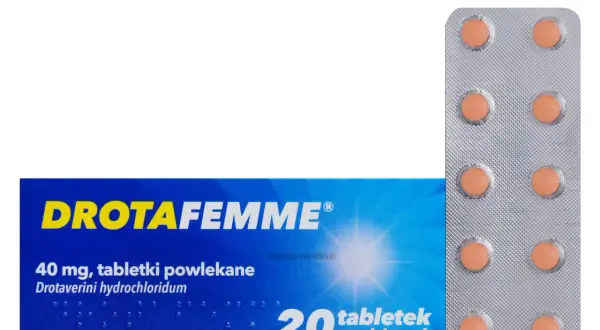 Opakowanie leku Drotafemme 40 mg, 20 tabletek powlekanych. Blister z tabletkami.