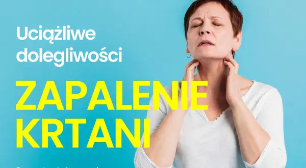 Kobieta z zamkniętymi oczami i bólem odczuwanym w gardle, cierpi na zapalenie krtani.