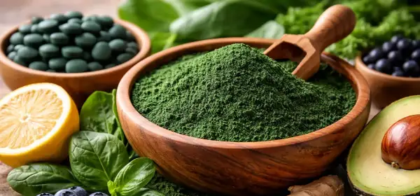 Zielony proszek spiruliny w drewnianej misce, obok tabletek, cytryny i awokado. Odkryj niezwykłe spirulina właściwości dla zdrowia.