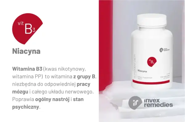 Niacyna co to? Witamina B3, niezbędna dla mózgu i układu nerwowego, poprawia nastrój. Opakowanie suplementu diety.
