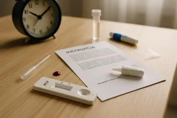 Zestaw do testu HIV na stole: instrukcja, pipeta z kroplą krwi, test, zegar.