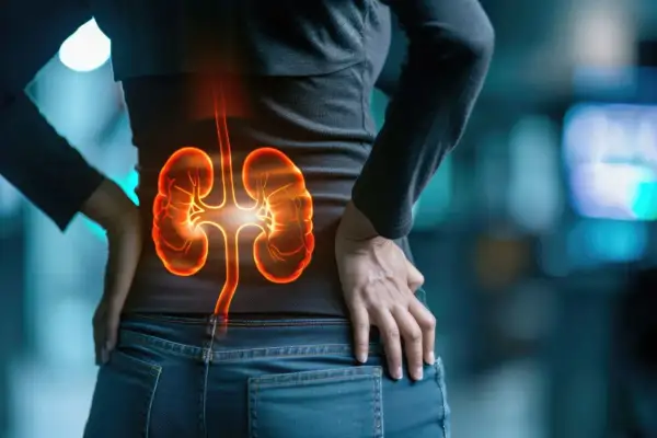 Ból w dolnej części pleców może sygnalizować urosepsę. Widoczne podświetlone nerki i moczowody.