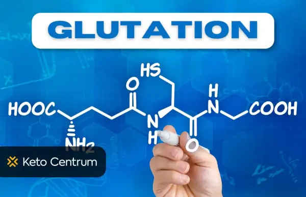 Struktura chemiczna glutationu, kluczowego antyoksydantu, rysowana ręką na niebieskim tle z logo Keto Centrum.