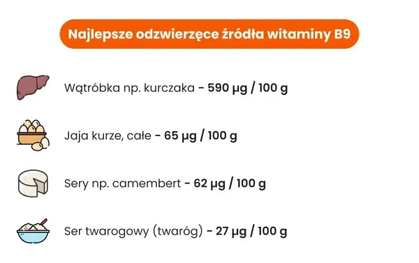 Najlepsze odzwierzęce źródła witaminy B9: wątróbka, jaja, sery. Wątróbka kurczaka zawiera 590 µg/100g.
